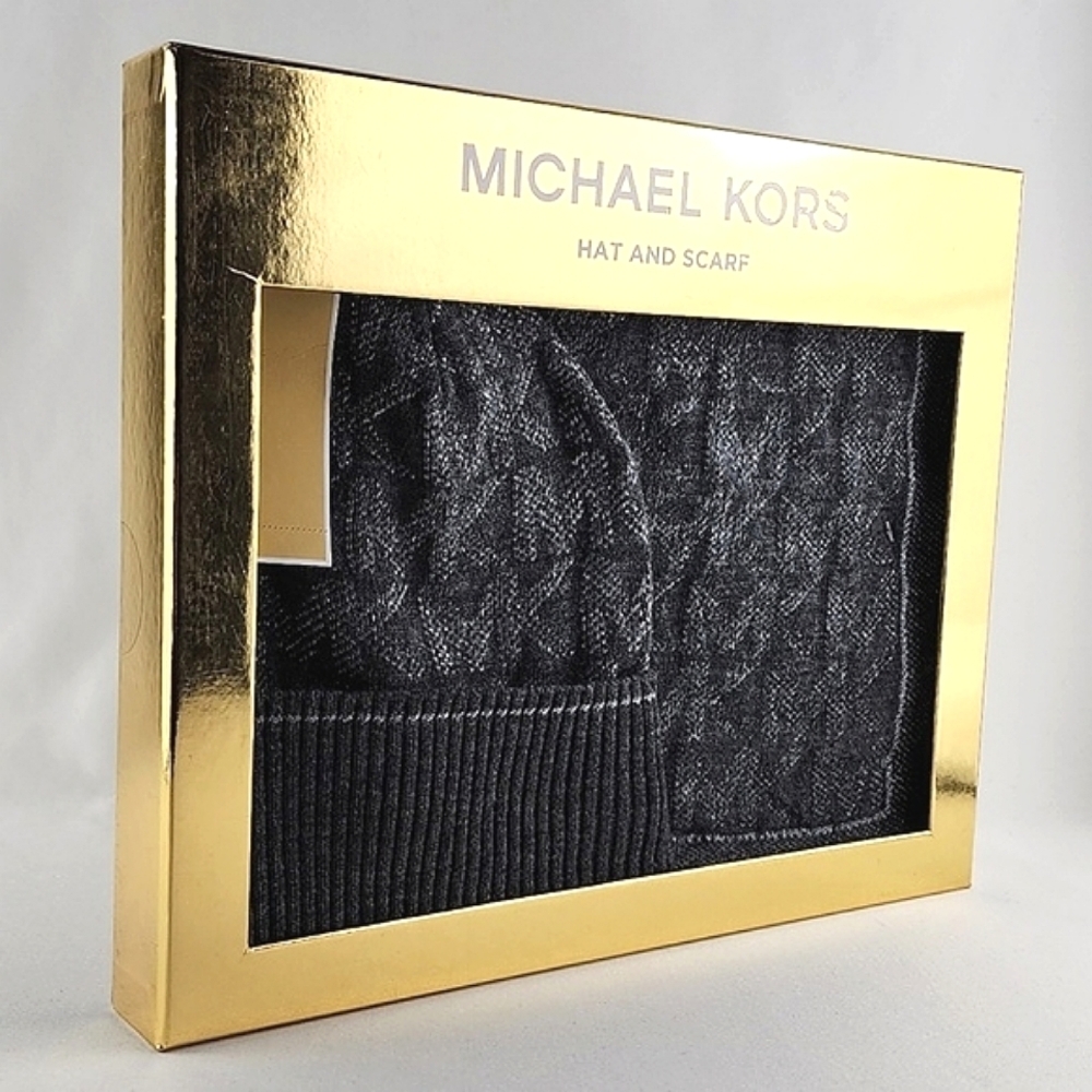 MICHAEL Michael Kors Women's Hat & Scarf Gift Box Set MK Monogram Silver OS - Picture 9 of 11